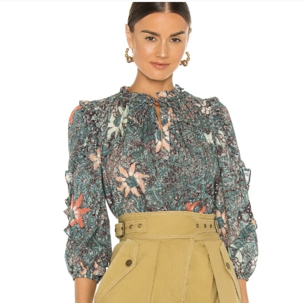 Ulla Johnson Manet Malachite Geometric Floral Print Cotton Blend Blouse(12)